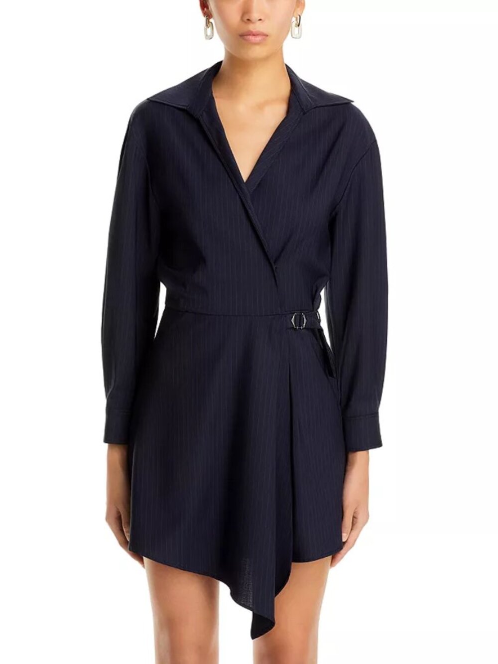 VANESSA BRUNO Boston Dress Navy blue pinstripe wrap mini asymmetrical drape $485